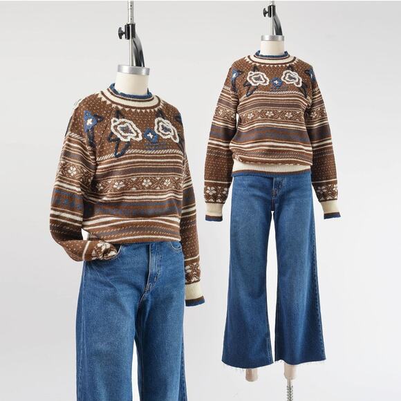 Vintage Sweaters - Vintage 80s Floral Embroidered Striped Acrylic Knit Raglan Sleeve Sweater XS S